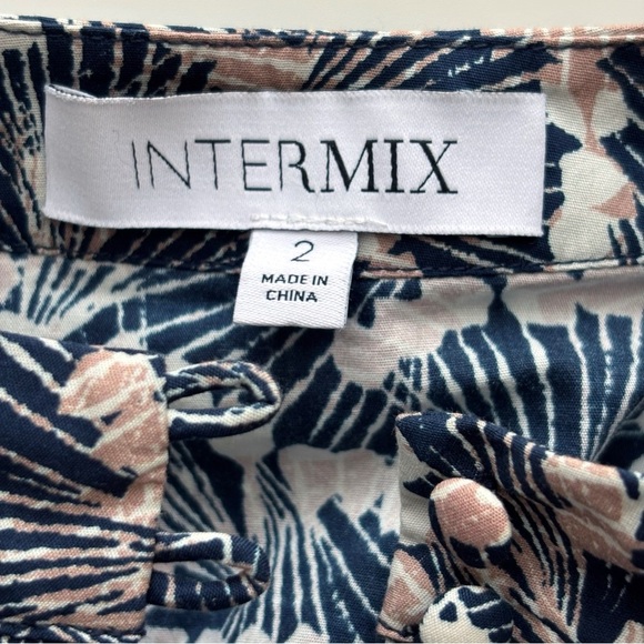 Intermix High Neck Ruffle Blouse Sz 2 Puff Sleeve Blue Tan - Picture 7 of 9